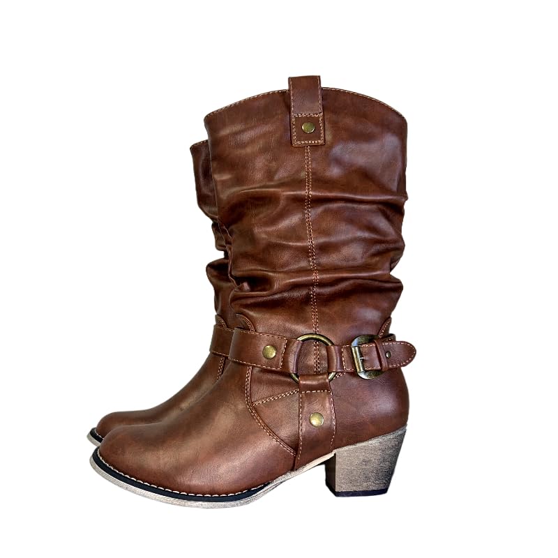Womens Mid-Calf Slouch Boots Western Buckle Detail Stacked Heel Black and Brown Faux Leather