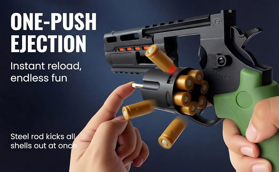 Image of TOYPAPA''Revolver Toy Gun | Long Barrel Strong ABS Plastic Airsoft Gun Pistol Semi Automatic | 12 Bullet Shell' and 50 Bullets Included''(Black+Green)