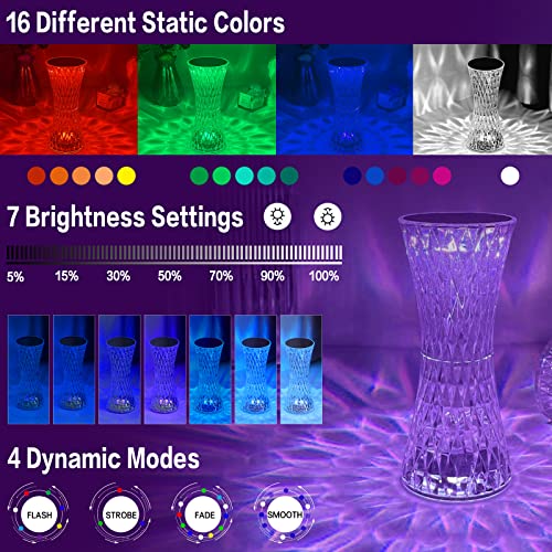 Crystal Diamond Table Lamp, Touch Control Rose Crystal Lamp,16 Color Acrylic Rechargeable Diamond Nightstand Light For Bedroom Living Room, Kids Room, College Dorm, Office, Bar, Party (Small Waist) #TOP1