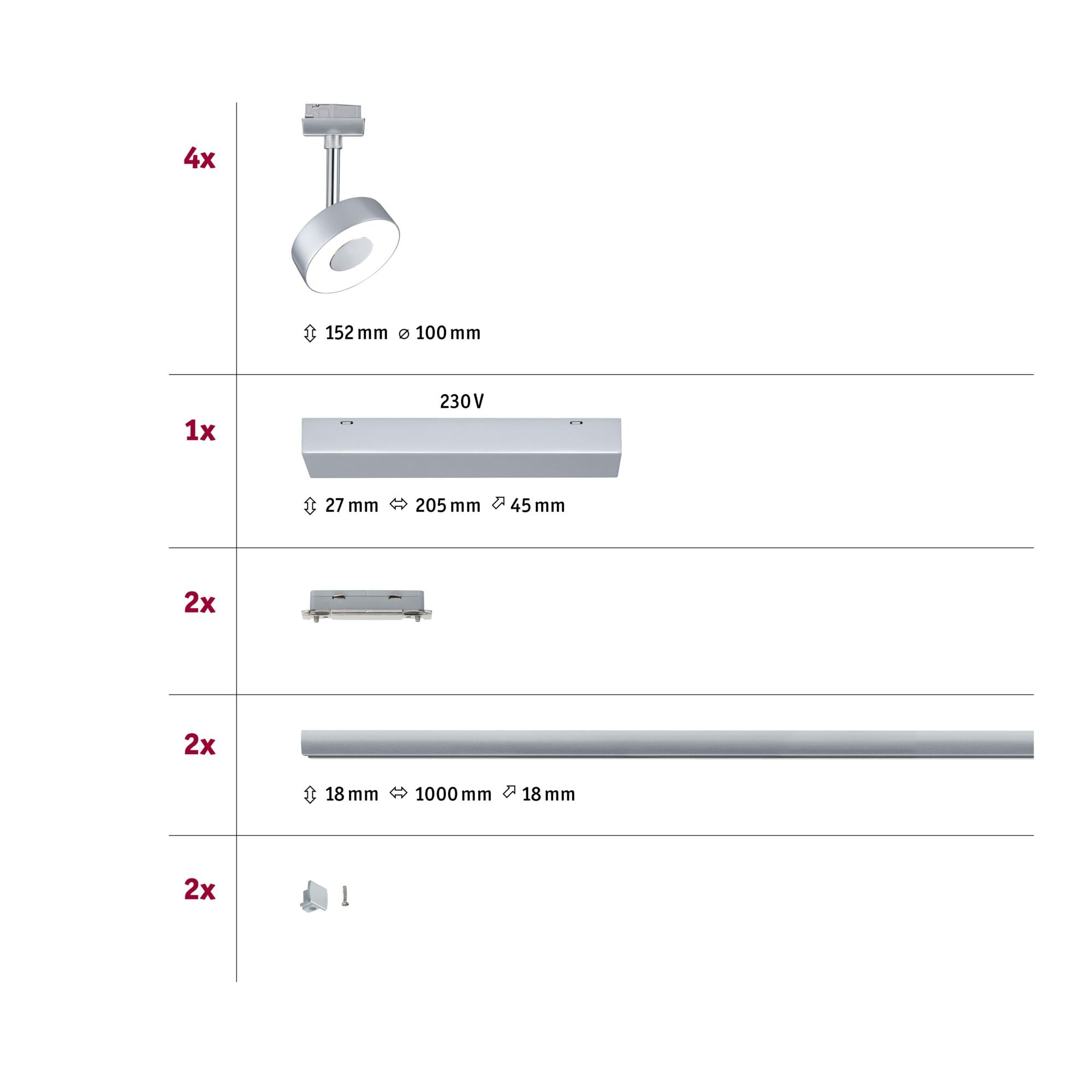 Paulmann 96895 LED lámpara de techo URail sistema de rieles juego de focos Circle, lámpara de techo orientable spot 4 luces cromo mate 2700K blanco cálido 5 W