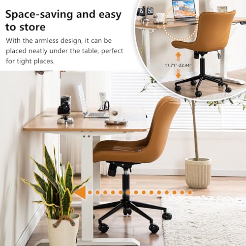 Image of YOUNIKE Office Desk Chair with Wheels Armless Vanity Chair Modern Tan | Faux Leather Upholstered with Rocking Back, Swivel Height Adjustable Small Cute Computer Rolling Task Chair Ergonomic 300lb