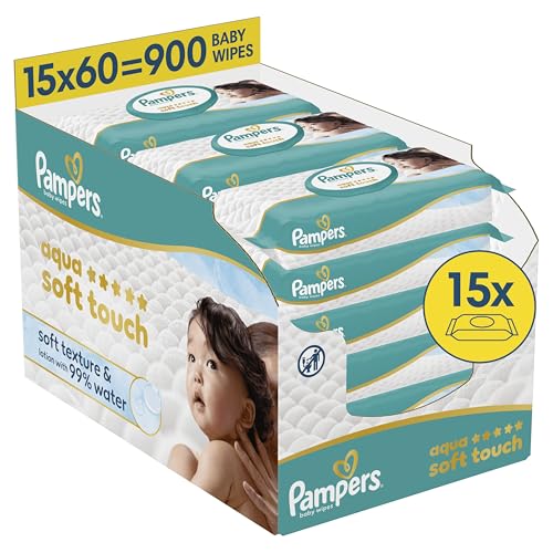 Pampers Aqua Soft Touch Lingettes Pour Bébé 15 Paquets De 60 Lingettes = 900 Lingettes Pour Bébé, Texture Douce & Lotion Avec 99% D’Eau