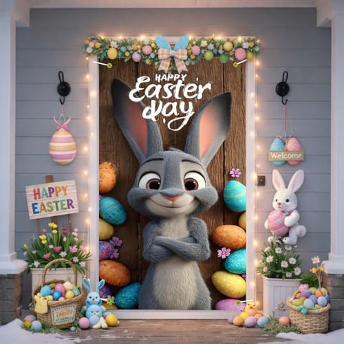 Image of Easter Door Cover Happy Easter Day Gray Bunny Door Banner Cute Easter Door Covers for Front Door Spring Easter Egg Door Decorations 35x71 Inch