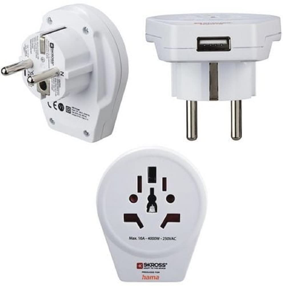 Adattatore da viaggio World to Europe USB per dispositivi a 2 e 3 pin, 1 USB