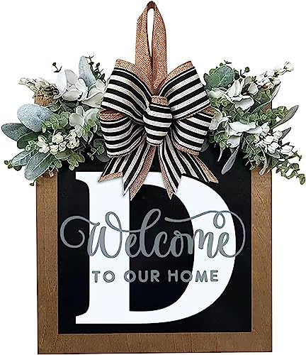 Corona para puerta delantera, 26 letras, letrero de bienvenida con guirnalda de eucalipto y lazo para puerta delantera, guirnalda de percha exterior (D)