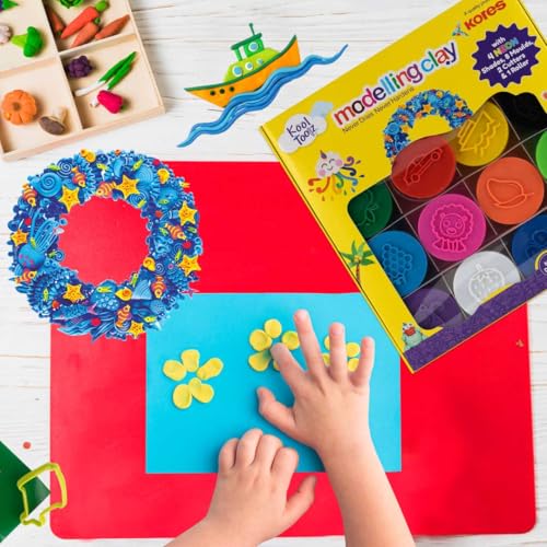 Image of Kores Kool Toolz Modelling Clay - 300g Pack | 12 Vibrant Shades Including 4 Neon Colors | 8 Moulds, 1 Roller & 2 Cutters | Ideal for Kids Aged 3+ | Perfect for Crafting & Return Gifts