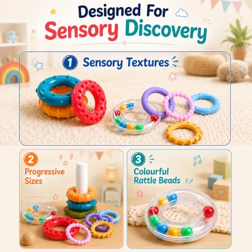 Image of Intellibaby Multi-Sensory Ring Stacker for Babies 6+ Months, 8 Colourful Textured Rings, Easy Grip Stacking Toy, Sensory Play, Fine Motor Skills, Colour Recognition, BIS Certified, Ideal Gift