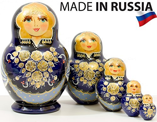 Russian Nesting Doll - Anastasia - Hand Painted in Russia - Traditional Matryoshka Babushka (6``(5 Dolls in 1), Dark Blue)