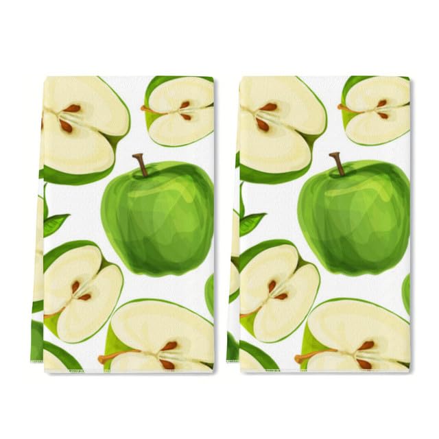 Geroclonup Green Apple Kitchen Dish Towels, 40x60cm Fruit Kitchen Hand Towels Ultra Absorbent Drying Cloth Tea Towels for Cooking Baking Kitchen Decoration Set of 2