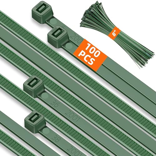 8 Inch PA66 Green Zip Ties 100 Pcs 3.6mm Heavy Duty Plastic Wire Ties with 45 Lbs Premium Self-locking Nylon Cable Ties Decoration Tie Wraps for Christmas Tree Gardening Fence Plants Grid Wall