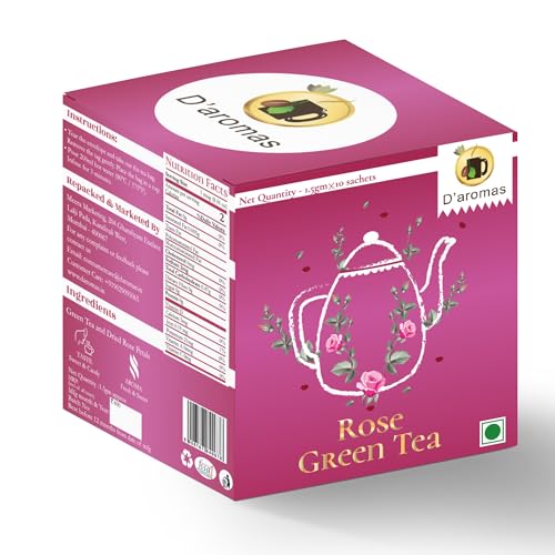 Image of D'aromas Rose Green Tea Bags | Pure Rose Petals Infusion | Delicate Floral Aroma | Refreshing & Aromatic Herbal Tea | 10 Tea Bags (1.5g Each) | D'aromas Herbal Tea