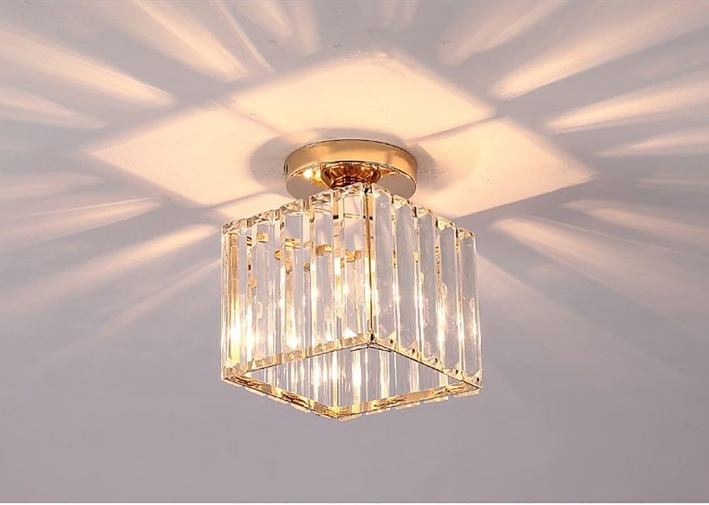 Generic Crystal Gold Flush Ceiling Hallway Light Fixture, LED, Round Shape, E27 Bulb Holder (Gold, Square), BL-001