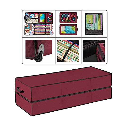 Elf Stor Ultimate Rolling Gift Wrap Storage Bag- Holds Rolls of Wrapping Paper, Ribbons, Bows and More! Burgundy Canvas, Red, 42" x 16" x 12'