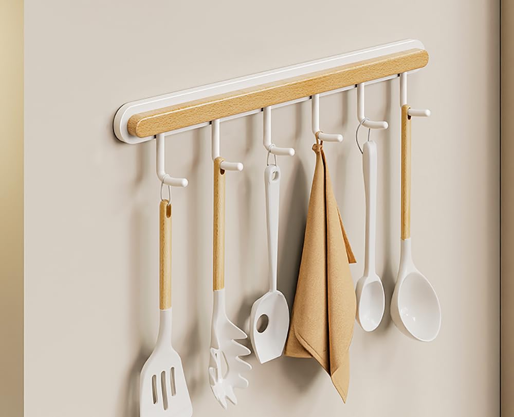 LNGFSH Kitchen Utensil Rail Kitchen Hanging Rod No Drilling Wood Iron Wall-Mounted Kitchenware Rack Hanging Spoon Chopping Board Pans - White (with 6 Hooks 33cm)