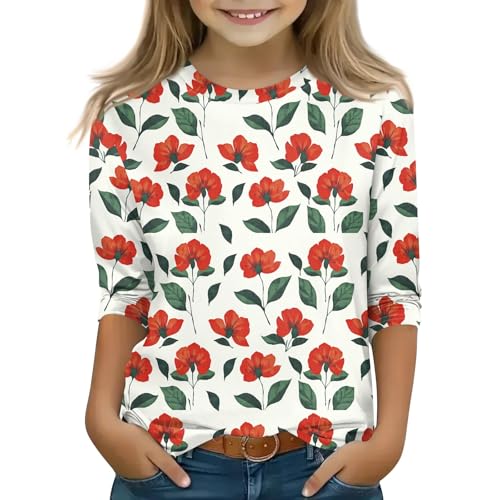 Tops for Girls Three Quarter Sleeve Crewneck Girls Shirts Baggy Fall Fashion Lightweight Soft Cute Clothes 5-16 Years