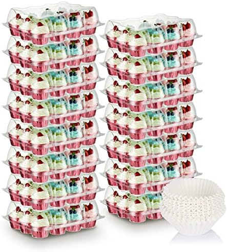 (12 Pack x 15 Sets) Farielyn-X Stackable Cupcake Carrier Holders with 200 Pack Cupcake Liners, Plastic Cupcake Boxes for 12 Cupcakes, Clear Disposable Cupcake Containers, Tall Dome Lid Cupcake Trays