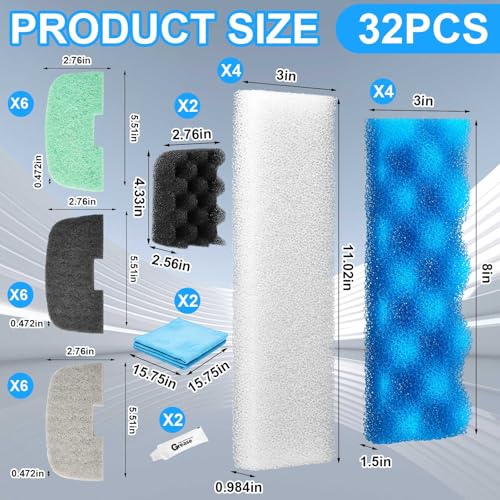 Image of Threlaco 32 Pcs Aquarium Replacement Maintenance Kit Compatible with Fluval 206 /207 Filter Media Including Biological Sponge, Ammonia /Phosphate /Nitrite Remover Pad, Aquarium Towel, Grease