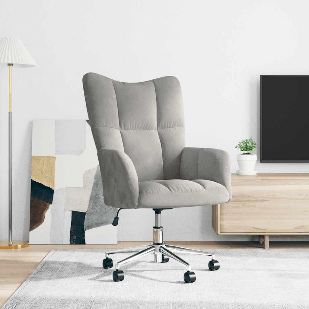 Fotel relaksacyjny, jasnoszary, aksamitny, z obrotowym siedziskiem i kółkami, z regulacją wysokości za pomocą sprężyny gazowej, ergonomiczny fotel do salonu, biura i kącika do czytania