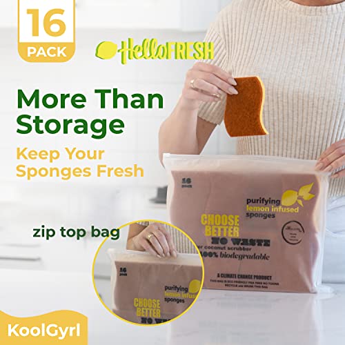 Natural Kitchen Sponges 16 Value Pack Lemon Infused Stronger Scrubber, Non Scratch, Premium, Extra Fine Coconut, Dish Washing Cleaning, Biodegradable Eco Friendly Compostable Cellulose #TOP2