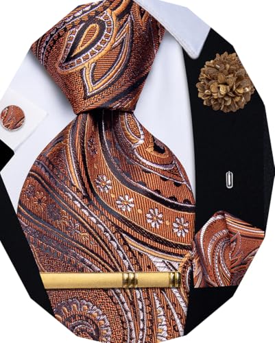Image of YourTies Silk Paisley Floral Tie and Pocket Square Cufflinks with Lapel Pin Sets for Men 5PC Wedding Party