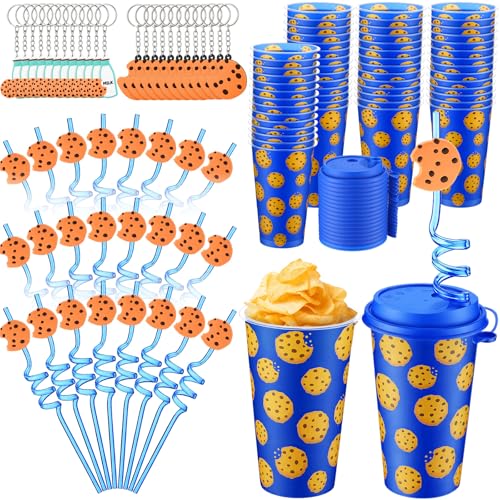 Acellegic 24 Set Monster Party Supplies 16oz Cartoon Blue Monster Themed Cookies Cup Birthday Party Favors with Lids and Straws Keychains Reusable Plastic Cups for Cartoon Birthday Decorations
