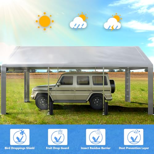 Image of Jocoevol Carport 13x21 FT Enclosed Carport with Roll-up Windows, Removable Sidewalls & Doors and Sandbags for Car Boat Truck Motorcycle, Grey