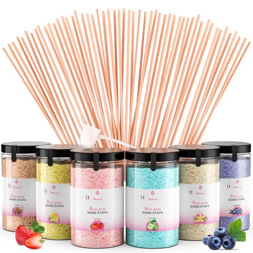 Misskandy® Kit de azúcar de algodón de 6 sabores, 72 porciones - Incluye 50 palitos para máquina de algodón de azúcar - Los sabores incluyen cola, vainilla, fresa, arándano, limón y manzana