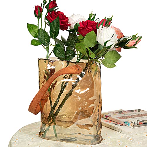 Handbag Shape Glass Vase, Clear Flower Vase With Leather Handle, Glass Purse Vase For Decor, Great For Floral Arrangement, Centerpiece, Home And Office (Large) #TOP3