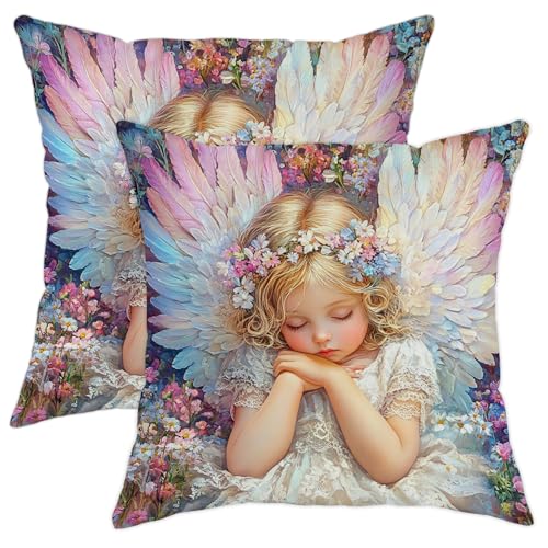Juego de 2 fundas de almohada con alas de ángel, cojines decorativos florales pastel para primavera, bonito diseño de hadas infantiles para el hogar, sofá, cama, sofá, 26 x 26 pulgadas