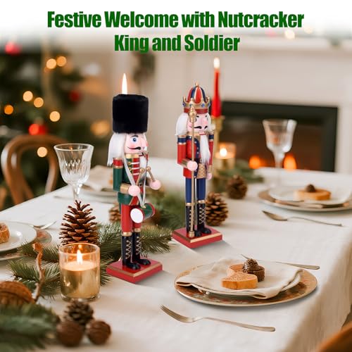 ArlinaL 2 Pack Christmas Nutcracker King and Soldier Figures, 12 Inch Wooden Nutcracker Christmas Festival Decor for Shelves and Tables