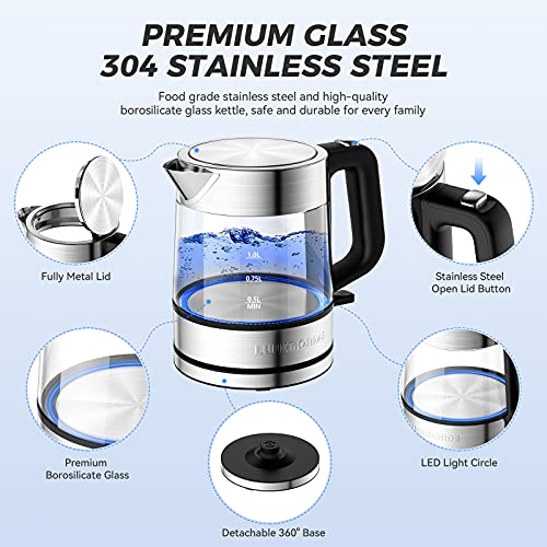 LUUKMONDE Electric Kettle, 1L 1500W, Small Glass Tea Kettle, Hot Water Boiler with LED Indicator, Cordless Water Heater Kettle, BPA-Free, Fast Boiling, Auto Shut-Off, Boil-Dry Protection - Thumbnail 2