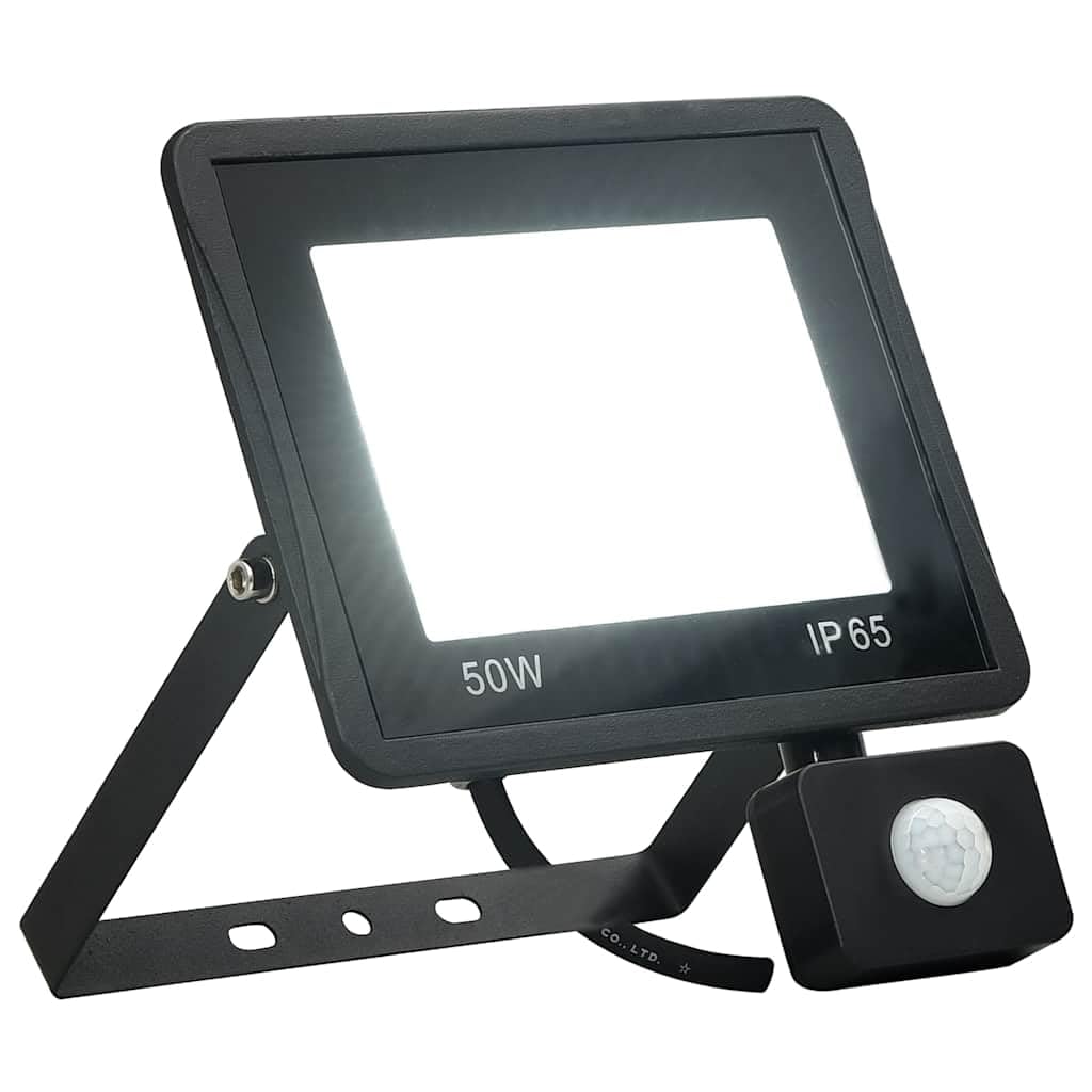 Reflektor LED z czujnikiem ruchu, 50 W, reflektor zewnętrzny, zimna biel, 6000 K, ochrona IP, aluminiowa obudowa do ogrodu, na podwórko, wjazd, fasadę