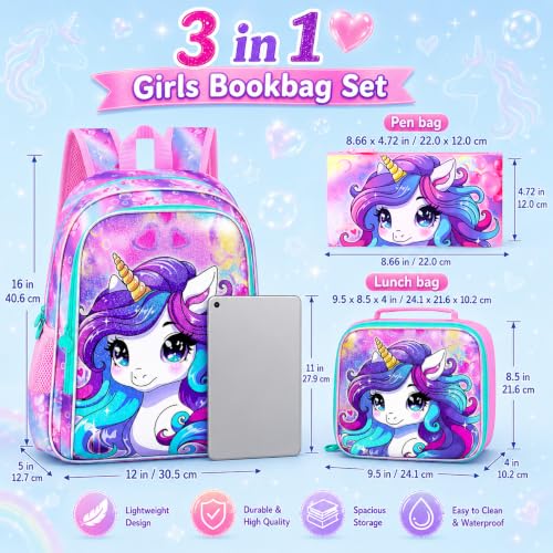 Image of CCJPX 3PCS Unicorn Backpack for Girls, 16 inchKids Preschool Bookbag Set, Cute Water Resistant Elementary School Bag and Lunch Box