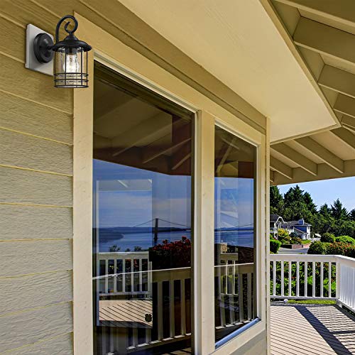 Image of MICSIU 5.5 inch Wide Compact Narrow Farmhouse Matte Black Porch Light 2 Pack | Max 23W 9.8 inch Outdoor Light Fixture with Seedy Glass, Anti-Rust Round Exterior Lantern for Garage Pillar & Side Door, Patio