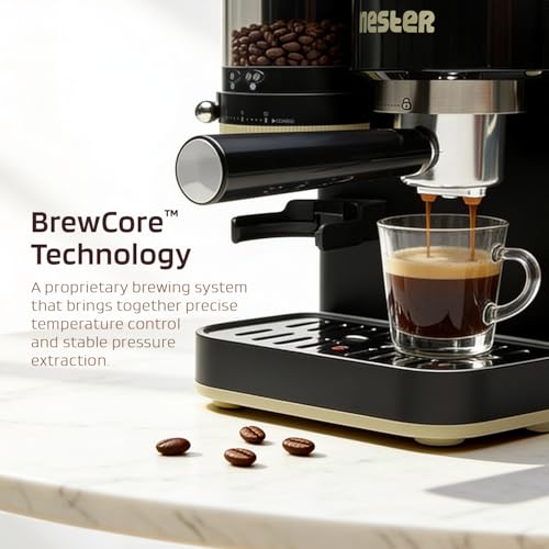 Image of NESTER Home Barista Coffee Machine - 20 Bar Italian Ulka Pressure Pump, Built-in Grinder, BrewCore Technology, PID Temperature Control, Espresso, Americano, Steam & Pod Compatible - Smoked Caramel
