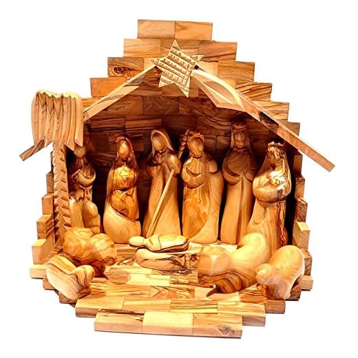 Berceau + crèche de Noël fabriqué en bois d'olivier de Bethléem, Bois dense, Taille M