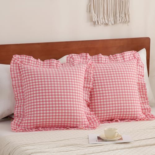 YHJWW Pink Gingham Throw Pillow Covers 100% Washed Cotton Like Linen Feel Soft Comfy Ruffle Farmhouse Decorative Pillow Cases Sham Set of 2 for Couch Sofa Bed (18x18 Inches, Zipper Closure) — view 3
