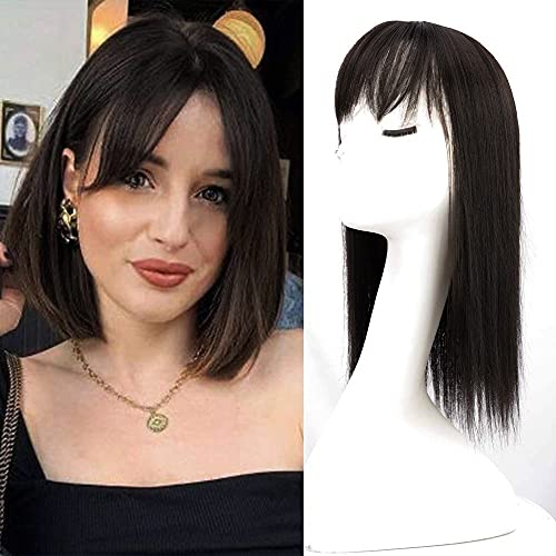 Lativ Hair Topper with Bangs Wiglets for Women Synthetic Straight Crown Hairpieces Dark Brown Short Hair Extensions on Top for Women Hairpieces Clip on Top for Thin Hair(4#, 14Inch Straight Bob)
