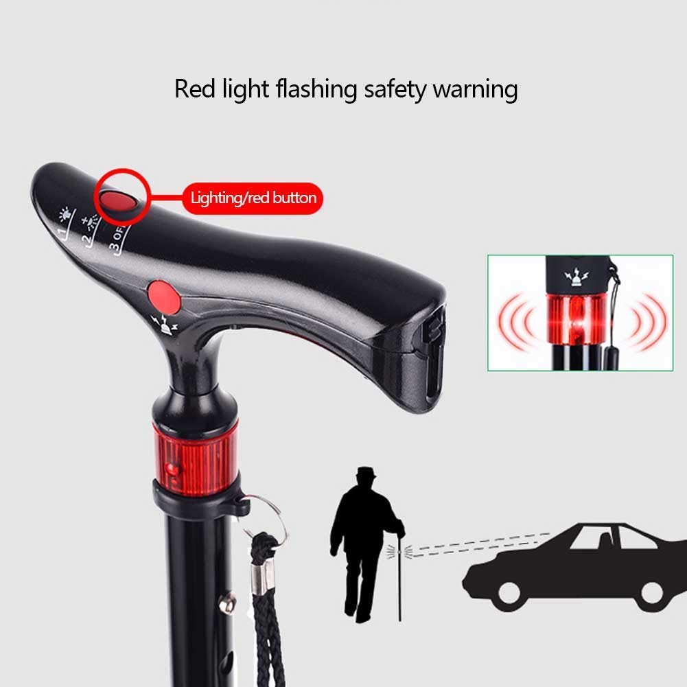 Bastón Ligero Aleación de Aluminio Plegable con iluminación de luz LED, diseño de Alarma de botón;Advertencia de Seguridad Intermitente de luz roja, muletas Times