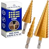3 Stück Stufenbohrer Metall Ø 4-12 mm Ø 4-20 mm Ø 4-32 mm aus Schnellarbeitsstahl HSS 4241 mit Titanbeschichtung - Kegelbohrer Metall Geeignet für Stahl für Kunststoff - MONTERAL