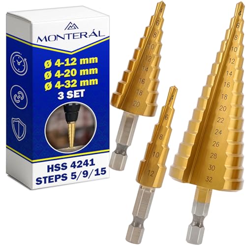 3 Stück Stufenbohrer Metall Ø 4-12 mm Ø 4-20 mm Ø 4-32 mm aus Schnellarbeitsstahl HSS 4241 mit Titanbeschichtung - Kegelbohrer Metall Geeignet für Stahl für Kunststoff - MONTERAL