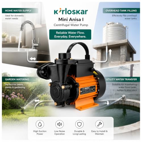 Image of Kirloskar Mini Anisa I Centrifugal Water Pump, 1 HP, 24 Metres Head, 2600 LPH Discharge Capacity, Self Priming, Pure Copper Winding