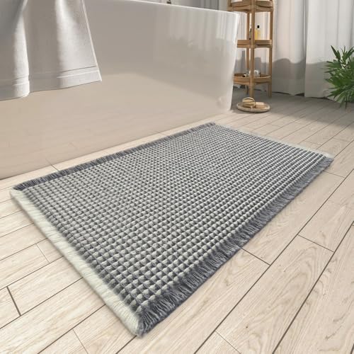 AMOAMI Upgraded Waffle Bath Mat, Super Absorbent Non Slip Bath Mats for Bathroom Floor, Washable Bathroom Rugs with Tassels, Rubber Backed Bathroom Mats, Ultra Soft, 20" x 32", Dark Grey & C