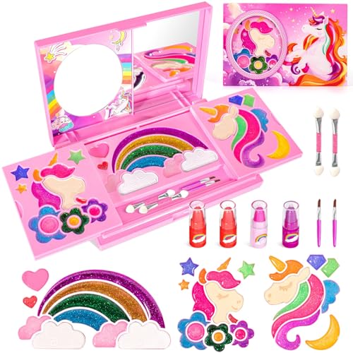 Washable Kids Makeup Kit for Girls - 20 Color Non-Toxic Real Makeup Unicorn Birthday Gift Set Safe First Cosmetics for Ages 3-8 Princess Dress Up Play