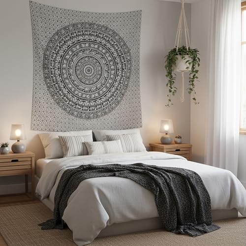Image of Craft Trade 54x84 Inches Black and White Cotton Mandala Ombre Wall Hanging Tapestry