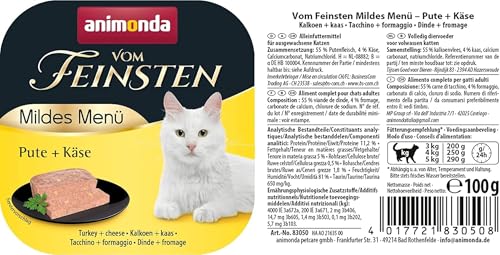 animonda Vom Feinsten Adult Mildes Menü Pute + Käse (32 x 100 g), Nassfutter für sensible Katzen, Katzenfutter ohne Getreide und Zucker, leicht verdauliches Futter mit Putenfleisch