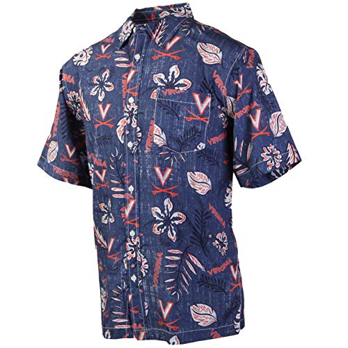 Wes and Willy Mens College Sports Fan Shirt Hawaiian-Vintage Floral Short Sleeve Button Down (Virginia Cavaliers, Small) Navy
