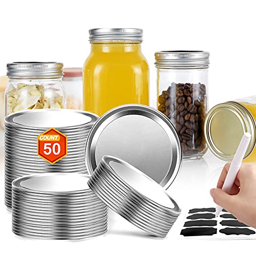 Tapas para latas Mason Jar Kerr - 70 mm 50 piezas de tapas de metal de tipo dividido para enlatar con sello hermético y a prueba de fugas, con etiquetas y marcador de boca regular Cover