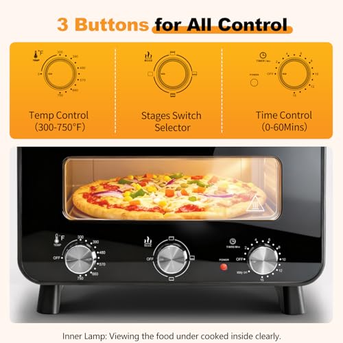 Image of NEWBULIG Electric Pizza Oven Indoor Countertop, Makes 12.6-Inch Pizzas in Minutes, Heats up to 750F Pizza Maker, Large Viewing Window, Interior Light, with Pizza Stone & Peel, Mechanical Control Knob