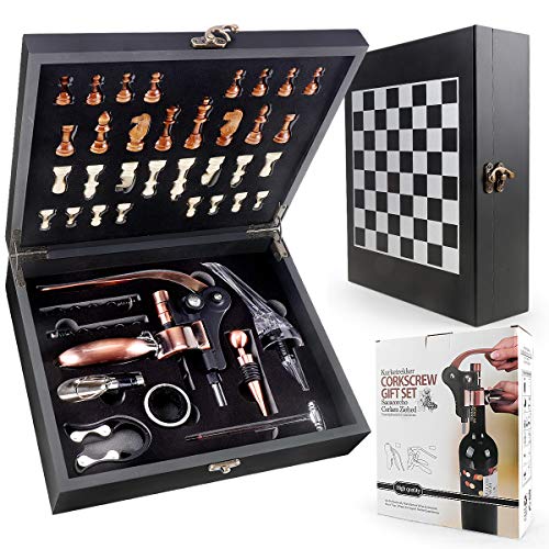 Yobansa Caja de bambú para accesorios de vino, set de regalo, abridor de vino, sacacorchos de vino, tapón de vino y un juego de cazo de madera